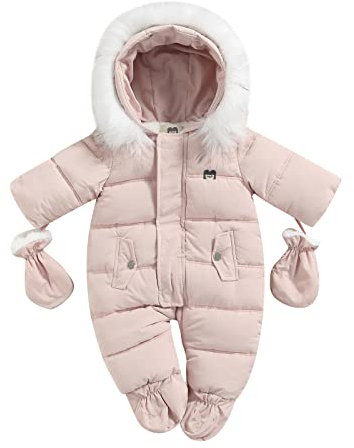 Tute da Bambino con Cerniera in Piumino con Guanti, Tuta da Pagliaccetto Invernale con Cappuccio e Peluche a Tinta Unita con Tasche(Rosa,9-12 mesi)