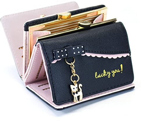 SUMGOGO Petit portefeuille fin pour femme avec motif ours de dessin animé à trois volets, A-noir, S, Joli portefeuille