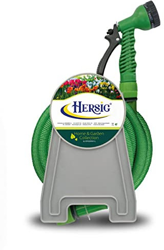 HERSIG - Manguera Extensible - Manguera Jardin Extensible con Portamangueras Verde Oscuro 15m - Mangueras de Jardín con Pistola de Riego - Mangueras Jardin Antitorsión Ligeras y Resistentes