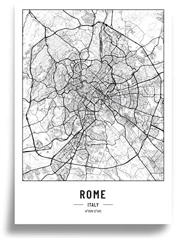 Cool Factory Poster Stadtplan A4 Schwarz Weiss, Papier 250 gr. Bild für Wohnzimmer und Schlafzimmer, Sehr viele Stadtmuster, minimalistisches Poster, perfekte Geschenkidee, Ohne Rahmen, Poster Rome