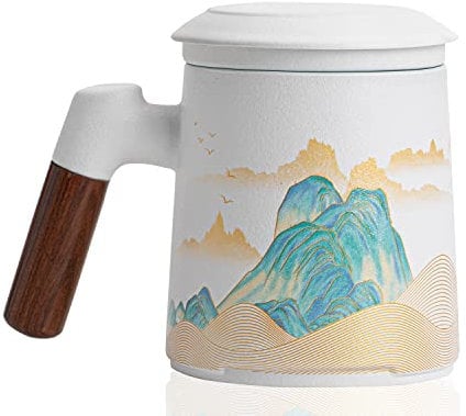 Hanbosym Ceramic Tea Cup with Infuser and lid Tea Mug Daily and Office Use, Hand Made Painted with Wooden Handle, Gift Packing for Family and Friends.400ml (White)
