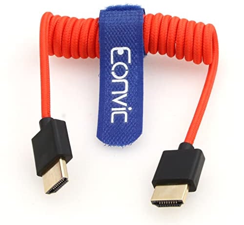 Eonvic 2.1 HDMI Coiled Cable 8K HDMI to HDMI Cable High Speed Thin HDMI Male to Male Extender Coiled Cable for Atomos Ninja V, Sony a7siii, Portkeys BM5 Monitor (HDMI-HDMI, Red Braided Coiled Cable)