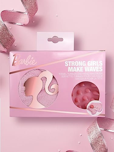 Barbie Make Waves - Set regalo per la cura dei capelli, massaggiatore per la testa, massaggiatore per cuoio capelluto e asciugamano turbante e asciugamano in microfibra, asciugatura rapida