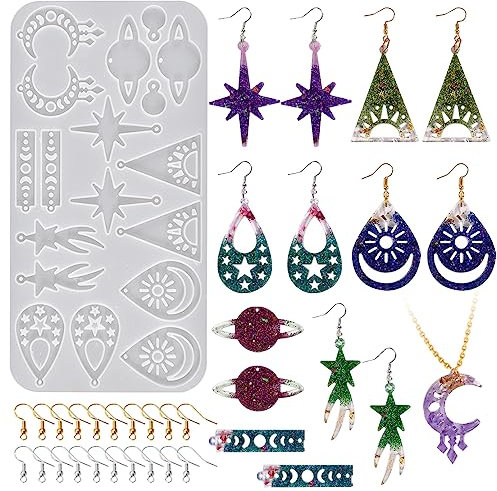 DeryArcle Silikonform Ohrringe Mond, Epoxidharz Formen Ohrring Stern Harzform Schmuck Gießform Anhänger mit 20 Stück Ohrringhaken Earring Resin Mold für DIY Schlüsselanhänger Halskette Handwerk Dekor