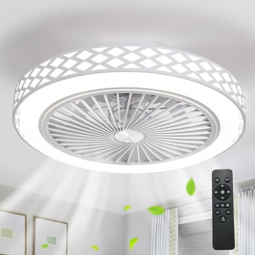 White Ceiling Fan with Lights and Remote, 48cm Fan Lights Ceiling for Bedroom Bladeless Fan Ceiling Lamp, 3 Speeds LED Dimmable Ceiling Light with Fan for Living Room Dining Room