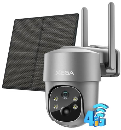 Xega 4G LTE Cellular Security Camera Solar With SIM Card, Outdoor Wireless No WiFi Security Camera CCTV, 2K HD PTZ Night Vision PIR Motion Detection Notification Alarm TF&Cloud Storage IP66