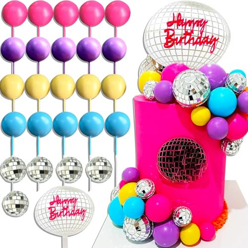 JeVenis Rainbow Disco Balls Cake Decoration BACK to 90S Cake Decorations Rolling Skate Cake Decorations 70s Party Supplies 70s Birthday Cake Decoration Disco Bachelorette Party Supplies