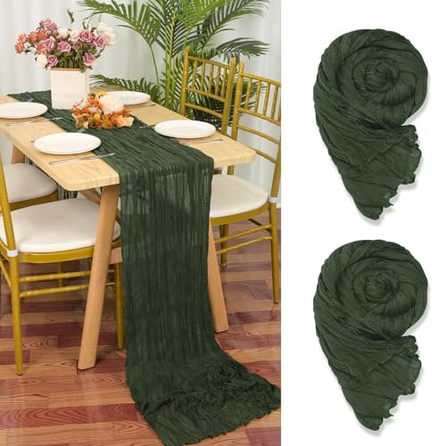 2 Stück Seihtuch Tischläufer Jägergrün,90 x 300 cm Dunkelgrün Rustikaler Gaze Stoff Boho Tischläufer Käsetuch Cheesecloth Tischläufer Hochzeit Tischdecke für Hochzeitsfeier Brautparty Tischdekoration