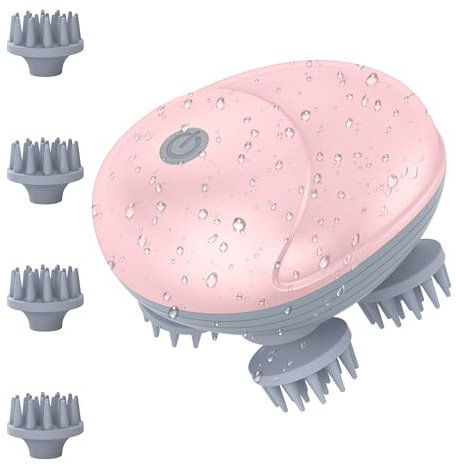 Ankilo Elektrisches Kopfmassagegerät,Kabelloses Handmassagegerät mit 4 Knetköpfen Austauschbar,Kopfhaut-Massagegerät,Katzen Massagegerät,für Ganzkörpermassage,HundeköRper,Haarwachstum Rosa