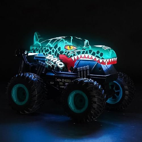 Monstertruck Ferngesteuert, 2,4GHz 20 km/h Ferngesteuertes Auto Dinosaurier ab 3 4 5 6 8 10 Jahre, 1:20 Ferngesteuerter Monster Truck Dino mit 360°Drehung, LED-Licht, RC Monster Trucks Spielzeug