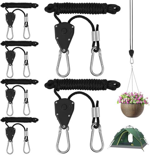 Votoko 6 Stück Seilratsche mit Haken, 150lb Duty Heavy Rope, Seil Ratsche, 1/8 Zoll Einstellbare Seil Ratsche, 2M Ratchet Hanger, Schnalle Seilratsche für Sonnensegel, Pflanzenlampe, Grow Light
