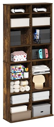 Furinno Jaya DVD Shelf, 16-Shelf Wide CD Rack, Media Shelf with Adjustable Shelves, 8 x 2 DVD Storage Cabinets for CD Blueray Game Disc, Easy Assembly, for Living Room, Home Office, Amber Pine