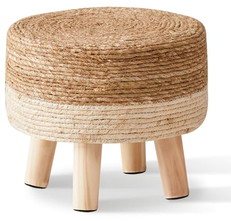 Wimarsbon Round Foot Stool Natural Seagrass Poufs Ottoman Hand Weave Footrest Stool for Couch Desk Extra Seat Step Stool with Solid Wood Legs for Hallway Patio Lounge White