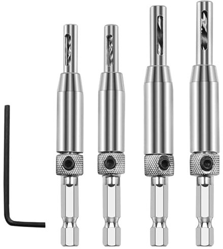 4 PCS HSS Self Centering Hinge Drill Bit Set 4 Pcs Drill Bit Set 1 Hex Key for Door Spinner Hinge Portable Woodworking Tools