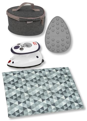 Semplix Bügelset 4-teilig mit Prym Mini-Dampfbügeleisen – Diamond Design mit Bügelunterlage, Silikonablage & Reisetasche – für Nähen, Quilten & Reisen (Grau)
