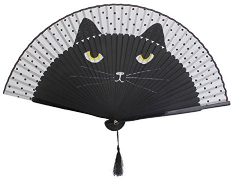Tinksky Women Cartoon Cat Folding Silk Fan Handheld Fan (Black)
