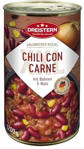 DREISTERN Chili con Carne 1200g I Mit Schweinefleisch & Gemüse I XXL Pikanter Eintopf in recyclebarer Konservendose I Lange Haltbarkeit dank natürlicher Konservierung I Hausmacher Qualität