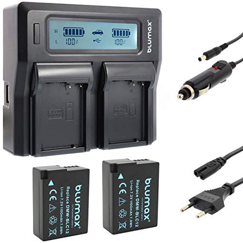 2x Blumax Akku ersetzt Panasonic DMW-BLC12e 1000mAh + Doppelladegerät DMW-BLC12-E Dual Charger | passend zu Lumix DMC: G5 | G6 | GX8 | G70 | G81 | GH2 | FZ200 | FZ300 | FZ1000 | FZ2000 | Leica V-Lux 4