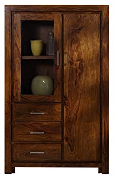 MASSIVMOEBEL24.DE | Metro Life massives Highboard #108 - Honey, lackiert | aus Sheeshamholz | 42x90x148cm | 1 Glastür - 1 Holztür - 3 Schubladen | Wohnzimmerschrank, Hochkommode