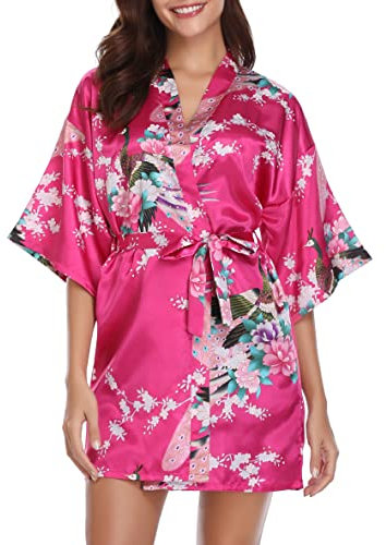 Vlazom Women Kimono Robes Satin Dressing Gown Peacock and Blossoms Sleep Lounge Nightwear Short Silk Bride Bridesmaid Robe , Rose Red, XXL(UK 20-24)