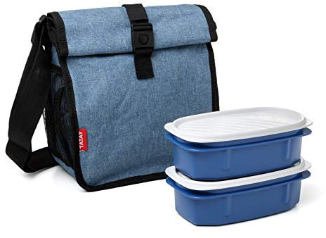 TATAY Borsa Termica Porta Pranzo Impermeabile - Urban Food Arrotolabile 4,2L | 2 Contenitori 0,5L | Triplo Strato Isolante | Corpo Semirigido | Tasche Laterali | 22x11x22,5 cm, Blu Denim
