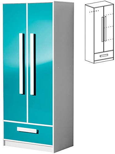 Furniture24 Kleiderschrank GULIVER 01 Drehtürenschrank Schrank Kinedzimmer Jugendzimmerschrank mit 2 Türen und Schublade (Weiß/Türkis Hochglanz)