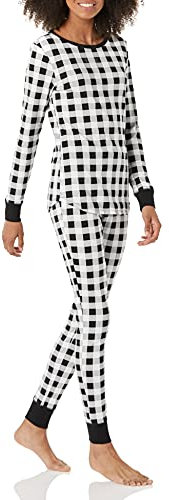 Amazon Essentials Pigiama in Cotone dalla vestibilità Comoda (Disponibile in Taglie Forti) Donna, Nero/Bianco, Buffalo Plaid, M