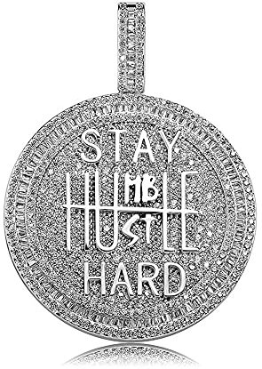 ICEDIAMOND 14K vergoldeter Aufenthalt Humble-Hustle Hard Ermutigen Anhänger Halskette, vereist CZ Diamant Hip Hop Charm Schmuck für Männer Frauen (White)