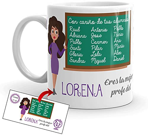 Kembilove Taza regalo Profesora personalizada – Tazas Desayuno para Fin de Curso con nombres alumnos pizarra Profe Castaña – Regalos originales para Profesores y Maestros - Taza cerámica