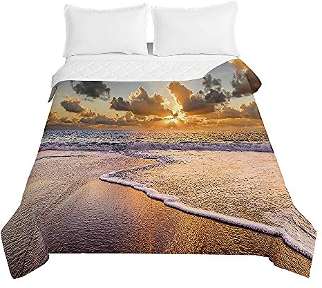 Tagesdecken Bettüberwurf, Chickw1 3D Meer Strand Wellen Sommer Tagesdecke mit Prägemuster Wohndecke aus Mikrofaser Bettdecke für Einzelbett Doppelbett oder Kinder (Meer Sonnenuntergang,220x240cm)