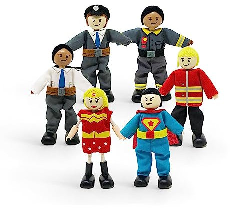Stokke MuTable Held*innen-Set von Hape Toys - Sechs Spielfiguren, darunter Feuerwehrfrau/-Mann, Polizist*in, Techniker*in, Wächter*in und Zwei Superheld*innen - aus Holz und Baumwolle - ab 3 Jahren