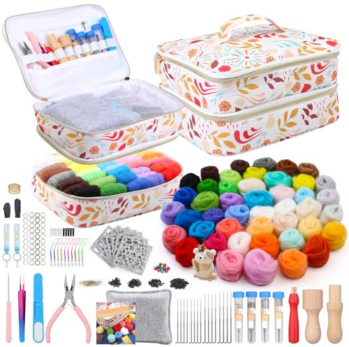 Riddur 385-teiliges Nadelfilz-Set, 45 Farben Filzwolle Trockenfilzen Starterset, Grundlegenden Filzwerkzeugen und Zubehör, Weichem Nadelfilzpad für Diy Bastelprojekte und Handarbeiten
