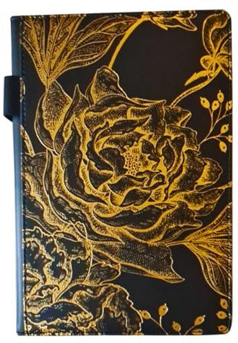 EJRange A5 Lined Notebook, 192 Thick Pages, Hardback Journal with Pen Loop, Storage Pocket, Ribbon and Elastic Closure, Gold Rose Design Writing Pad for Work, School or Gifts (Black)