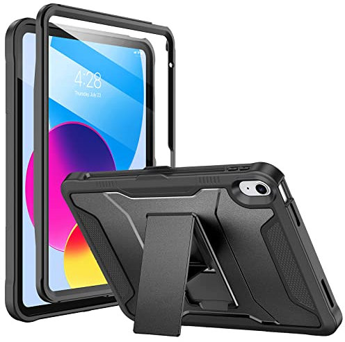 Soke Hülle für iPad (A16) 11. Generation 11-Zoll (2025) / 10. Generation 10,9-Zoll (2022) - Eingebautem Bildschirmschutz und Ständer, Robuste Ganzkörper-Schutzhülle für Apple iPad 10 - Schwarz