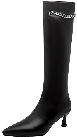 Lroey Reoly Stivali Alti Tacco Gattino Donna, Stivali da Vestito Semplici Zip Stivali Alti Tacco Medio Appuntito Catene 276 Nero Numero 43 EU