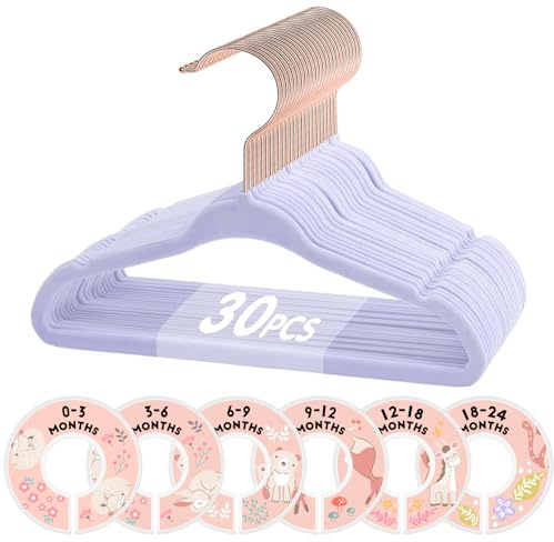 VIS'V Baby-Kleiderbügel, 27,9 cm, Lavendel-Samt, Kinder-Kleiderbügel mit 6 Trennwänden, rutschfest, für Kinderzimmer, Kleinkinder, Mädchen und Jungen, 30 Stück