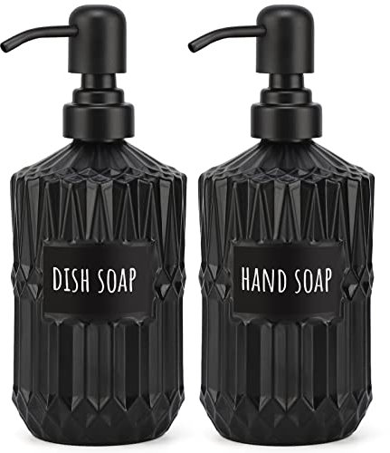 Segbeauty Seifenspender Schwarz Matt, 2 Stück Pumpflasche aus Klassisch Strukturiertes Glas, 450 ml Glasflaschen zum Befüllen, Shampoospender mit Aufkleber, Zweiteiliges Zubehör für die Dusche Bad