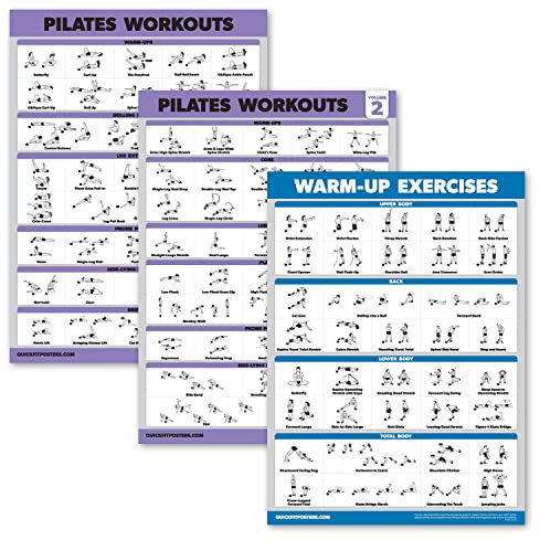 3 Pack - Pilates Workout Poster Set Volume 1 & 2 + Warm Up Routine - Pilates Mat Work Exercises - Fitness Charts (18 x 24, LAMINATED)