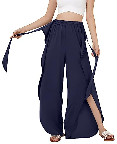 CCOOfhhc Culottes Hosen Damen Leichte Sommerhose, Damen Wickelhose mit Schlitz Weites Bein Rüschen Hose Sommer Yogahose Leicht Luftige Sommerhosen Plissee Bequeme Sporthose für Frauen Schlaghose