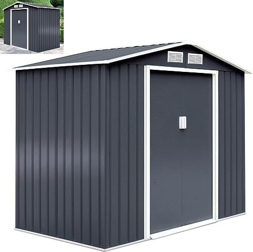 GiantexUK 7x4FT/9x6FT/9x8FT/11x8FT Metal Garden Shed, Outdoor Galvanized Storage House with 2/4 Vents & Lockable Sliding Doors, Slope Roof Utility Shed Building (9x6FT, 2 Vents, with Base)