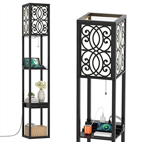 HOMASIS Stehlampe mit 3 Regalen & Schublade, Stehleuchte mit 2 USB-Anschlüsse, E27 Standleuchte, Standlampe für Wohnzimmer, Schlafzimmer, Arbeitszimmer, 26 x 26 x 160,5 cm, Schwarz & Weiß (Blumen)