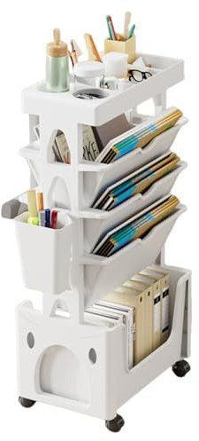 Whemyreat Kunstwagen Organizer Auf Rädern,Offenes Bücherregal,Abnehmbares Bücherregal,Rollender Bücherwagen Mit Feststellbaren Rädern,Schmaler Rollender Aufbewahrungswagen(Weiß)