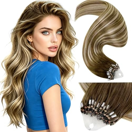 LaaVoo 22 Inch Micro Bead Hair Extensions Human Hair, Cool Brown Balayage | 50g Smooth Micro Link Tip for Women, Long Straight Remy Hair, Easy to Install, Can Be Styled with Fuller Festival Look