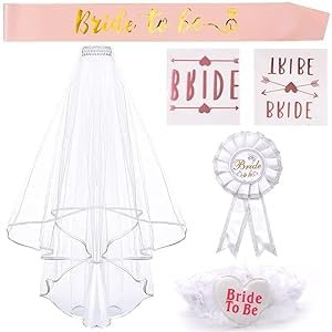 HTGWCG Bride to be Schärpe, 6PCS Junggesellenabschied Frauen Set, Frauen Junggesellinnenabschied Accessoires Weiß Braut Rosegold Stirnband, Hochzeit Fotorequisiten Spiele Zubehör für Bachelorette