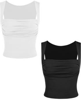 CIDER 2er-Pack Damen-Tank-Tops, gerüscht, quadratischer Ausschnitt, ärmellos, zum Ausgehen, niedliches bauchfreies Top, trendig, Schwarz und Weiß, XX-Small