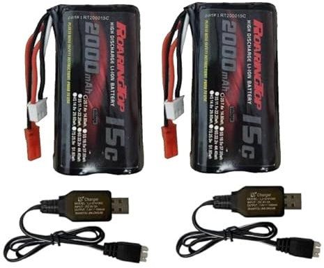 RoaringTop 7.4V Li-Ion Battery 2000mAh 2S Rechargeable with JST Plug, 2 USB Charging Cables for RC Car, RC Helicopter and RC Boat