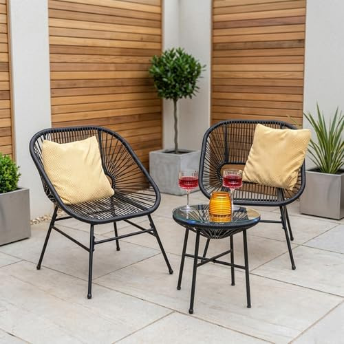 Jack Stonehouse JSH Garden Rattan Bistro Set 3 Piece Patio Rattan Rope Design | Chairs and Table | Metal Rust-Resistant Frame 5mm Tempered Glass Wicker | Conservatories Terrace Balcony