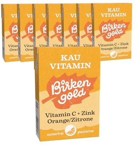 Birkengold Zahnpflege-Kaugummi mit Vitamin C & Zink | 8 Stück | Plastikfrei & Erdölfrei | Mit natürlichem Baumharz (Chicle) | Vegan & ohne Zucker | Zahnfreundlich & ohne Aspartam