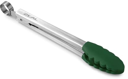 Zeal Silicone Mini Kitchen Cooking Tongs with Stainless Steel Handle – for Cooking, Grilling, BBQ, Air Fryer, and More, Heat-Resistant, BPA-Free, and Easy-to-Clean, 20cm, Forest Green