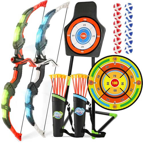 Handwell Bogen- und Pfeil-Set mit 73,7 cm großer Dartscheibe, LED-beleuchtetes Bogenschießen-Set für Kinder mit 20 Saugnapfpfeilen und 12 klebrigen Bällen, stehendes Ziel, Indoor-Spielzeug